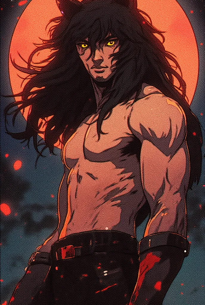 Handsome Man, moreno, wolf ears, shirtless,  mocked expression , long hair, Black and messy, face with delicate features, full body, 2D, retro style, without wings,  Yellow Eyes,  human face 