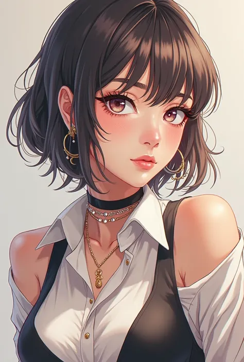 there is a drawing of a woman with a tie on, wearing choker, jojo anime style, delicate androgynous prince, in the art style of 8 0 s anime, wearing jewelry, wearing collar, fashionable woman, digital art of an elegant, cel - shaded art style, in style of ...