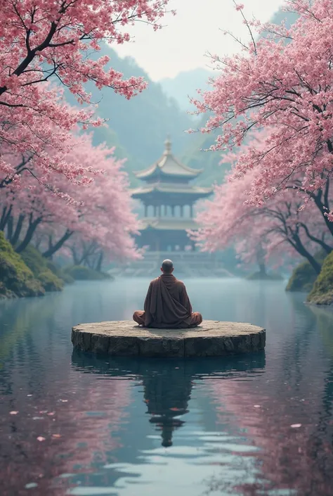 A floating temple above a tranquil lake, surrounded by cherry blossom trees in full bloom. In the center, a monk sits in deep meditation, his presence causing the water to remain perfectly still despite the wind. Reflections in the lake reveal hidden cosmi...