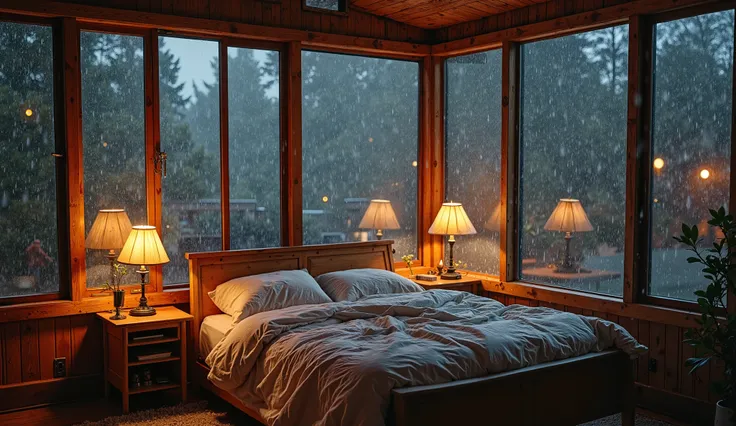 A cozy bedroom surrounded by large glass windows, outside the room middle of a heavy rainstorm. outside is so dark.  The room has a warm, rustic feel with soft, ambient lighting from vintage lamps on wooden nightstands. The bed has an inviting, rumpled bla...