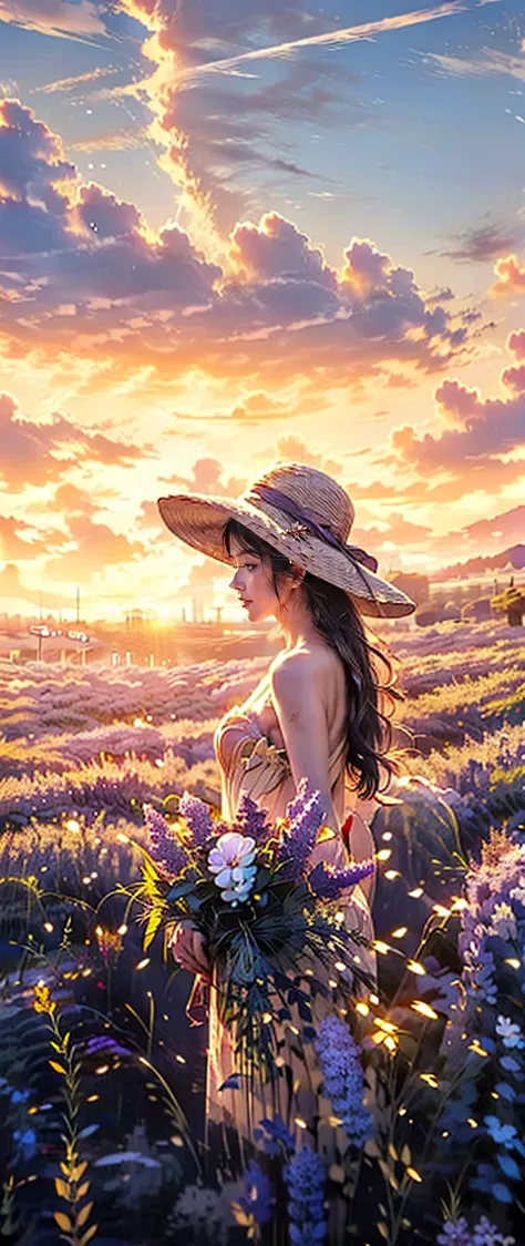 ((masterpiece, Best Quality,  best image quality , Hi-Res, photorealistic on the bed, RAW photo, 8k)), 夕日を背景にした紫色のFlower Field, really  beautiful nature ,  lilac sun rays ,  lavender field in full bloom ,  beautiful nature ,  purple sky,  purple beautiful ...