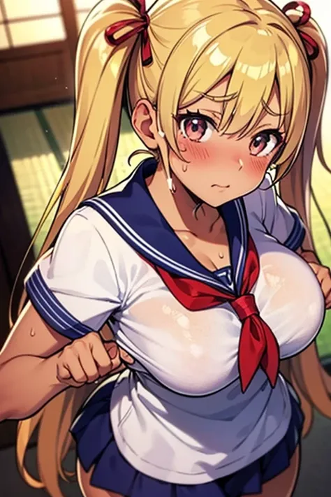 Best quality Best quality, high resolution, anime style, one Japanese woman, blonde twin tails 1.3, beautiful face, shiny dark skin 1.5, sweaty 1.4, healthy tanned skin, big breasts, chubby figure, hands holding breasts, sailor uniform 1.5, thighs 1.3, emb...