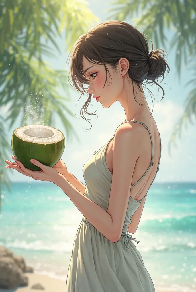 Woman serves whole coconut water to the front with her left arm, right arm holding her own waist anime