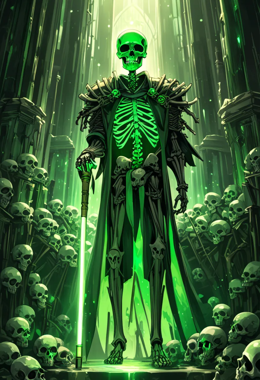 Long cane made of bones and skulls with anime-style green radiant light 