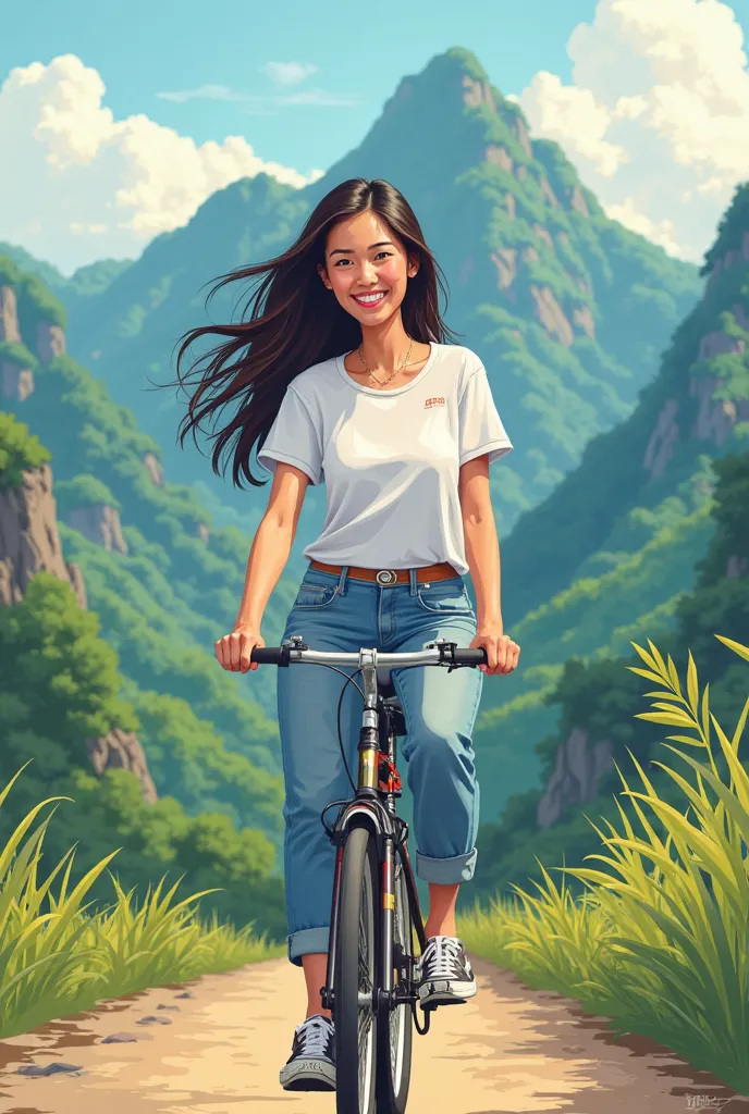 Thai woman in her 30s wearing black hair, white t-shirt and jeans. Riding a bicycle, she smiles happily, high resolution mountain trees background. การ์ตูน