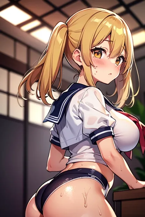 Highest quality Highest quality, high resolution, 1 Japanese woman, blonde twintails 1.3, beautiful face, shiny brown skin 1.5, sweaty 1.4, healthy tanned skin, big breasts, chubby figure, butt facing, sailor uniform 1.5, thighs 1.3, embarrassed expression...