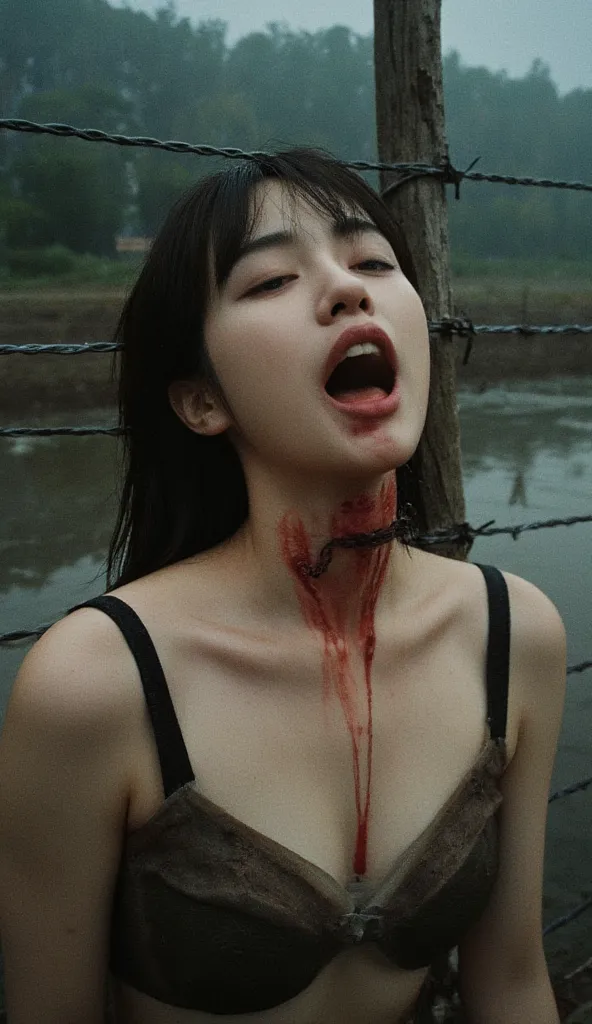 Imagine 😀, 35mm film photography, potrait of beautiful asian woman being slaughtered, throat slit, soaked neck, bloood spurted, butchers, her body tied-up with barbed in wood, bleeding, pale, sadistic, barbed wire, nakeed, senssual body, big booobs, rain, ...