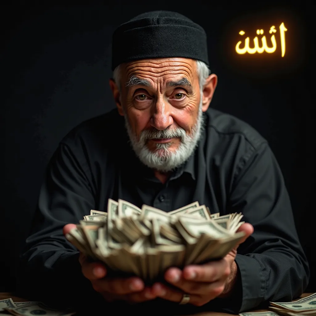 8k. 4k. A father with a wise and gentle expression, wearing a simple black cap (peci). He holds a large amount of money in his hands with a calm and dignified posture. The background is dark, with money scattered around, accompanied by soft, dramatic light...