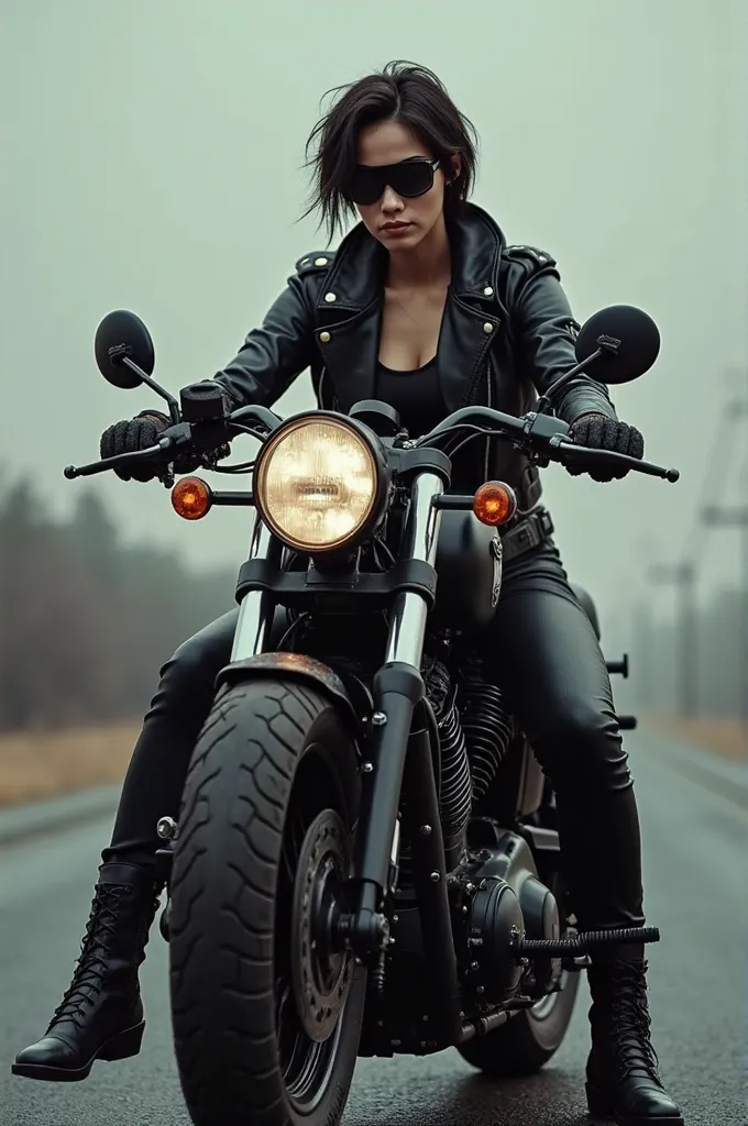 A fair woman who is on motor bike & her dress is leather boots leather jacket black jeans all outfit is black & she have goggle on her face & short hair cut
