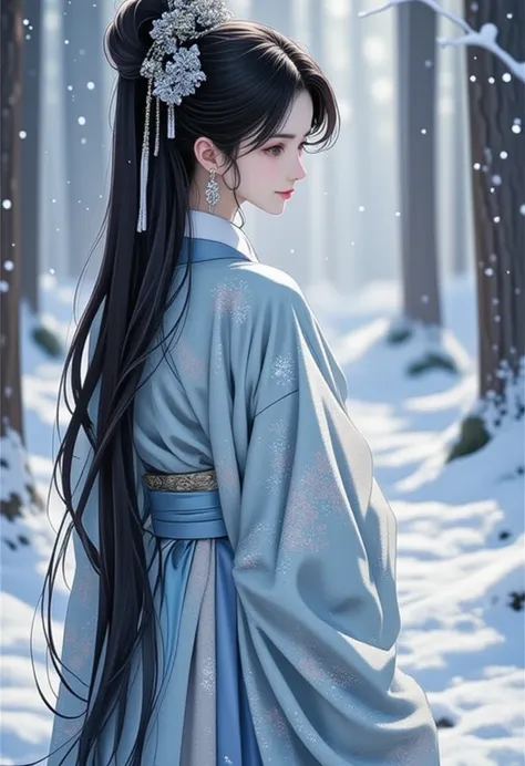 by Bastien Lecouffe-deharme , By carne griffiths and wadim kashin, artwork by roblunda mccallum, A stunning illustration of an East-Asian woman with long black hair standing in a snowy forest, wearing a traditional hanfu with snowflake patterns. The scene ...