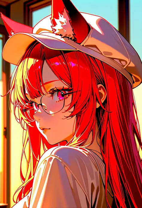 1 female, long hair, red hair, pink eyes, glasses, black fox ears, white hat, casual clothes