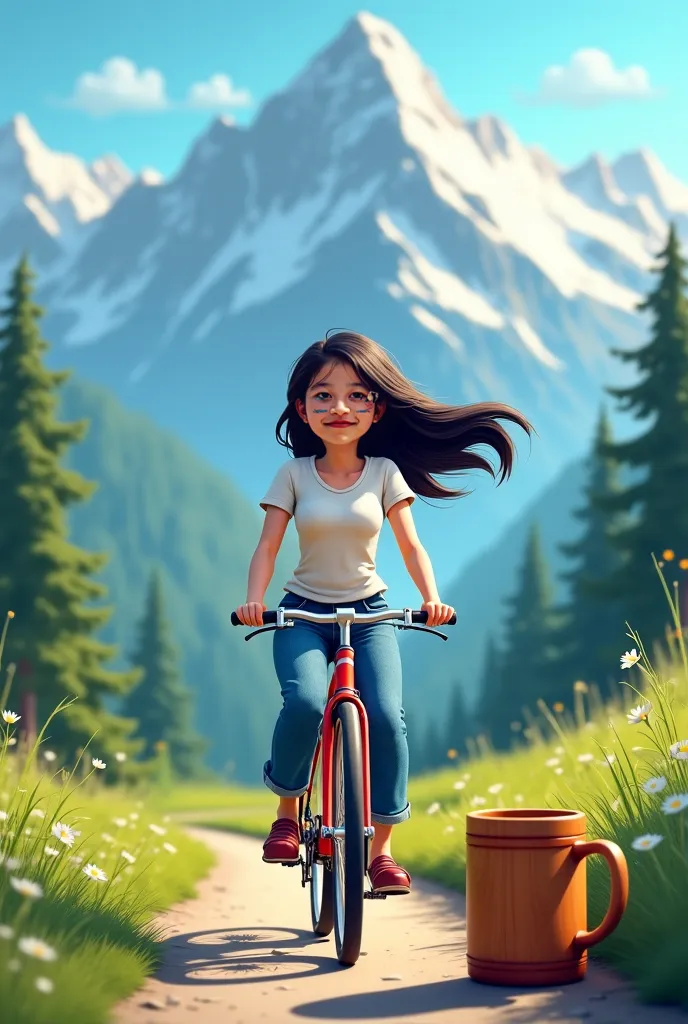 A woman wearing glasses, black hair riding a bicycle, a white T-shirt, jeans, black hair on a mountain background and a high-definition wooden mug, a cartoon character.