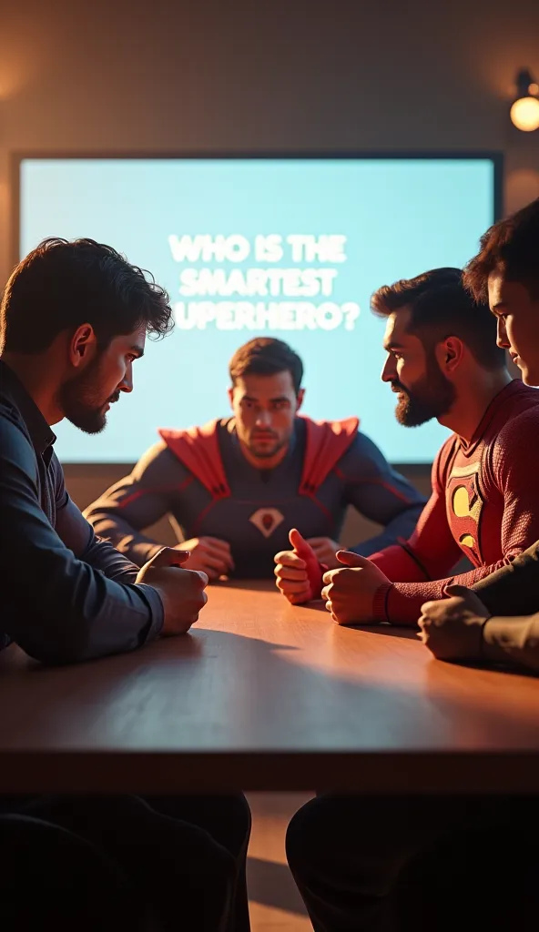 "A group of superheroes sitting around a table, looking at a large screen showing the question 'Who is the smartest superhero?'"
Highly Detailed 3D Render, Realistic Textures, Soft Natural Lighting, Warm Sunset Glow, Gentle Shadows, Expressive Facial Detai...