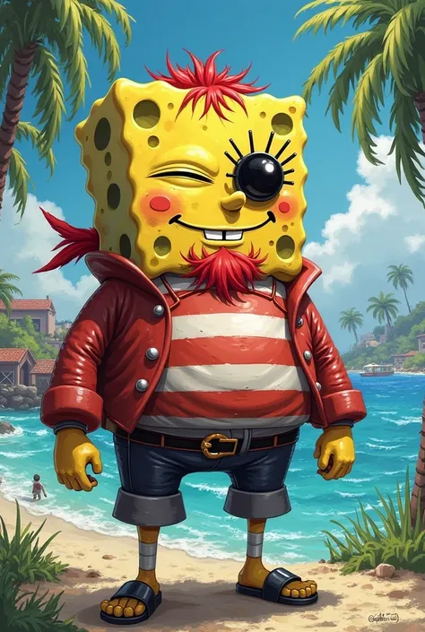 SpongeBob SquarePants as shanks character from one piece anime . Specify the eye scratch from shanks 