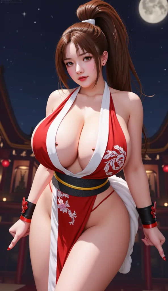 score_9, score_8_up, score_7_up, zPDXLrl, ((Mai Shiranui from Fatal Fury)), large breasts, huge massive tits, solo, long hair, brown hair, cleavage, bare shoulders, brown eyes, ponytail, thighs, japanese Geisha clothes, ((Japanese kimono)), lips, parted ba...