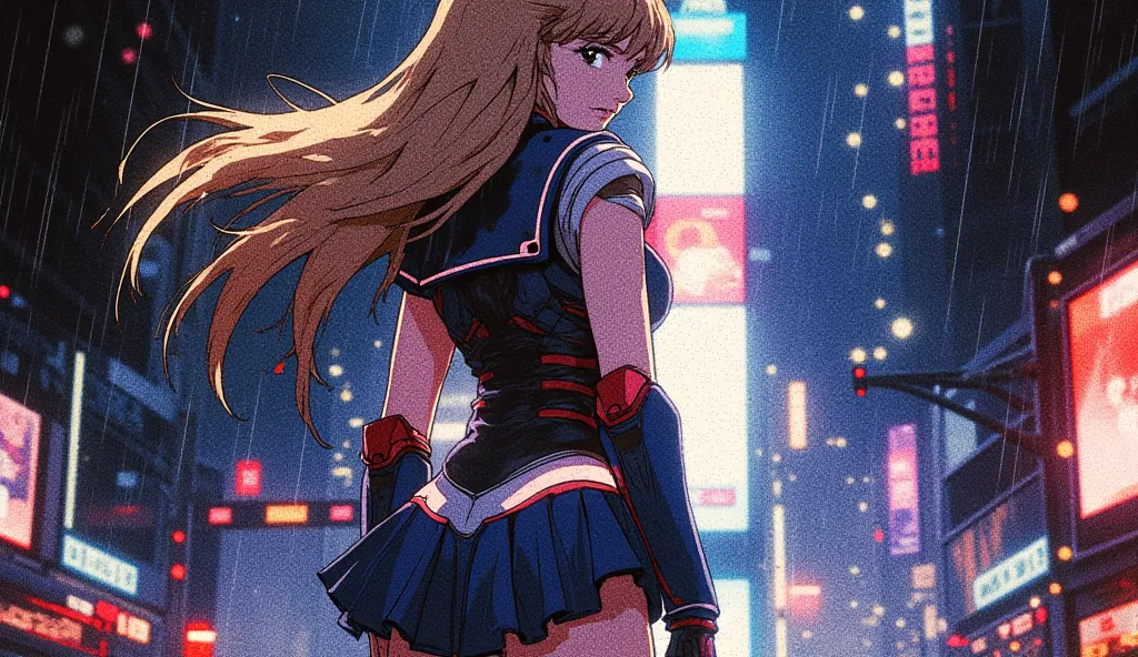 A cinematic digital illustration of a cyberpunk version of Sailor Moon standing with her back to the camera, turning her head slightly over her shoulder with a confident and mysterious expression. She wears a futuristic reinterpretation of her iconic outfi...