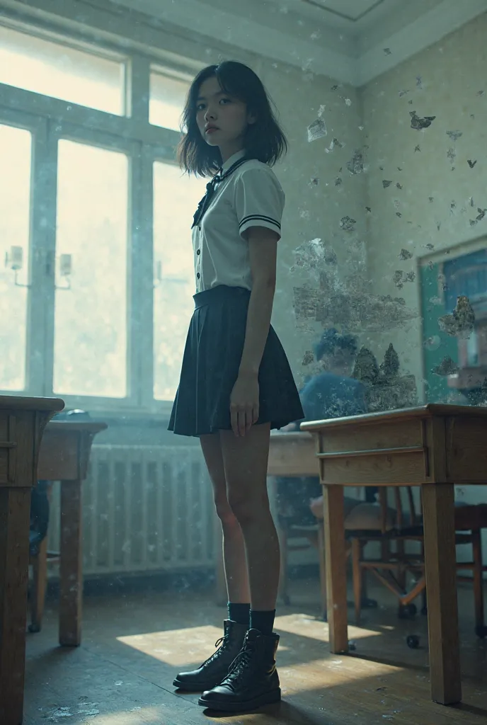 A mysterious transfer student from the future, wearing school uniforms, in the classroom, double exposure of a ruined world in the background, a strong will to save the past in the light of ones eyes,