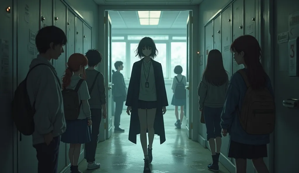 Create an intriguing and atmospheric animation of a mysterious transfer student arriving at a new school. The scene begins with a quiet, ordinary school day, with students chatting and walking through the hallways. Suddenly, the doors open, and a new stude...