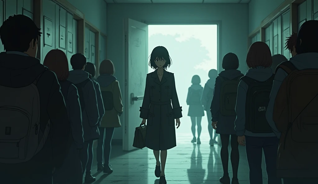 Create an intriguing and atmospheric animation of a mysterious transfer student arriving at a new school. The scene begins with a quiet, ordinary school day, with students chatting and walking through the hallways. Suddenly, the doors open, and a new stude...