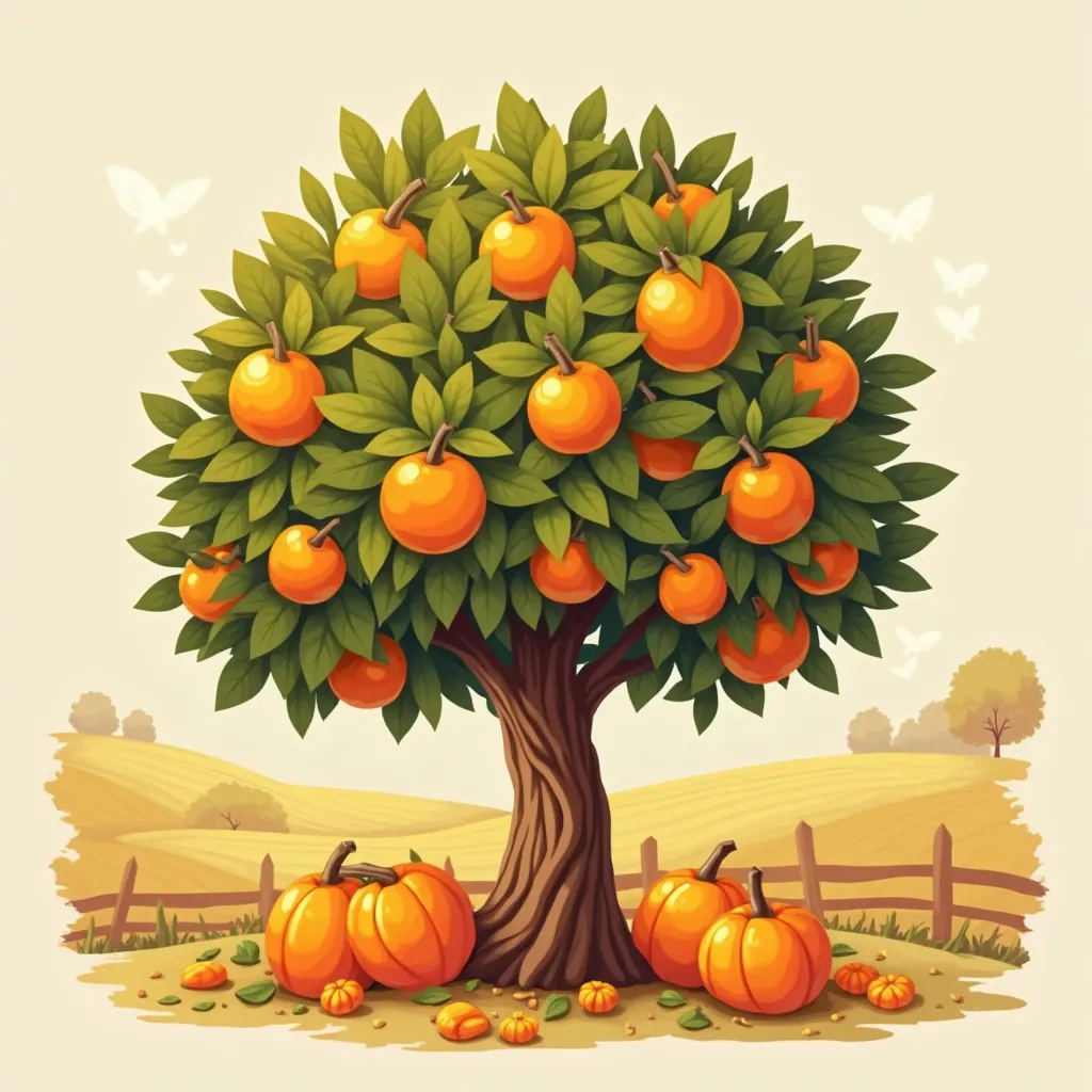 A delightful chibi-style orange tree with a short, sturdy trunk and a canopy of dense, rounded green leaves. The branches are heavy with plump, bright oranges that glow with a juicy sheen. Some oranges have naturally dropped onto the ground, surrounded by ...