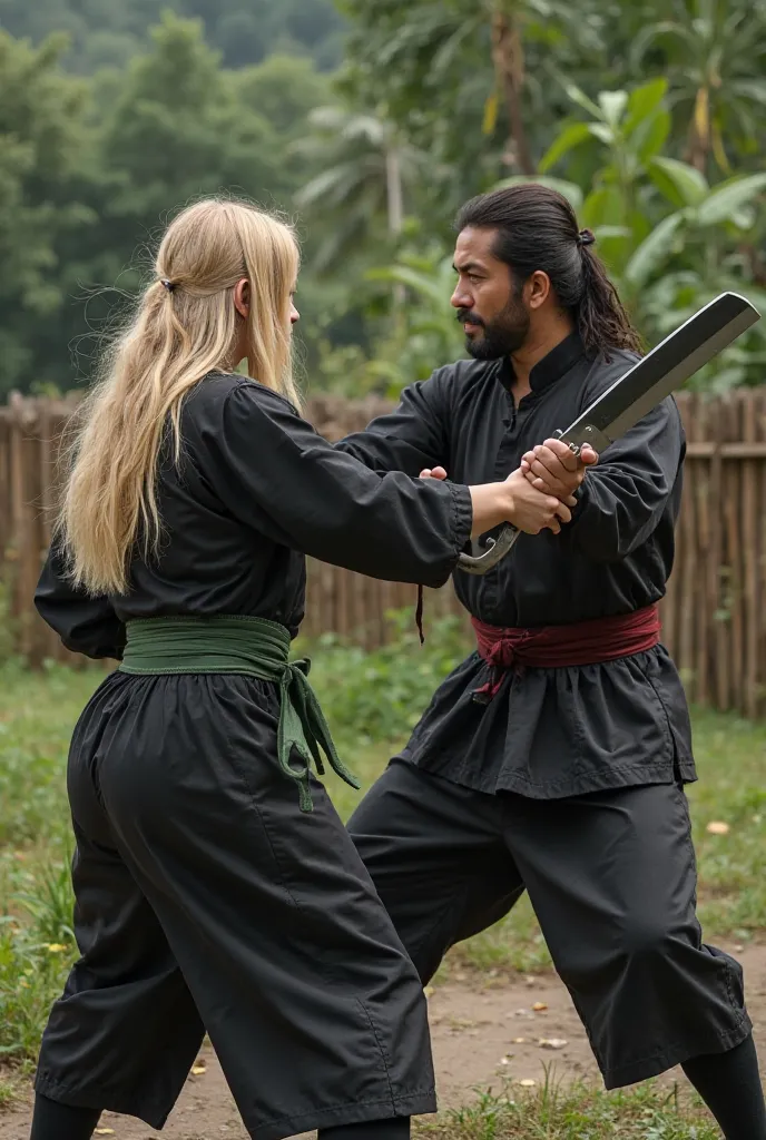 Create a superrealistic young russian girl, blonde long hair, with round huge boobs, covered with her black Silat outfit, with green belt on her waist, 3/4 black trousers with black socks & shoes, in combat with machete in her right hand, fight with instru...