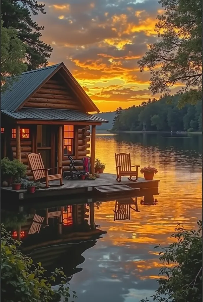 Create a serene lakeside scene at sunset featuring a cozy log cabin with a metal roof. The cabin should have warm, inviting lights glowing from the windows. Include a wooden deck extending over the water with two wooden rocking chairs and potted plants. Th...