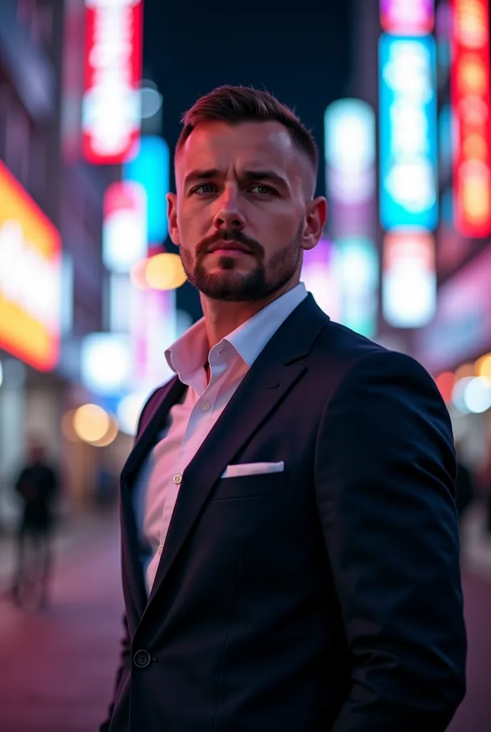 a man in a suit stands in front of a neon city, portrait by Joseph Werner, shutterstock, digital art, Anton Fadeev 8 k , nft portrait,  andrey ryabovichev,  Maxim Shirkov , profile photo 1024px,  Ryabovichev ,  professional profile photo,  Bogdan Rezunenko...