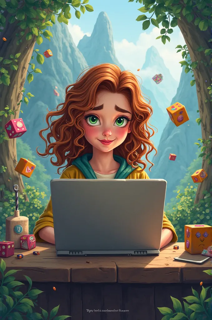 A girl with chestnut curly hair to her shoulders and green eyes, a dungeon master in dnd sits behind a screen and throws cartoon fantasy art cubes surrounded by a fantastic world with the inscription "Happy Dungeon Master Day"