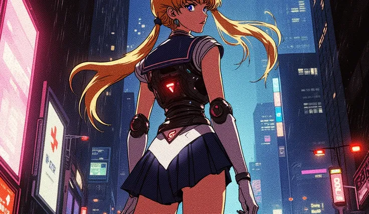 A cinematic digital illustration of a cyberpunk version of Sailor Moon standing with her back to the camera, turning her head slightly over her shoulder with a confident and mysterious expression, styled with a hentai-inspired aesthetic. She wears a futuri...