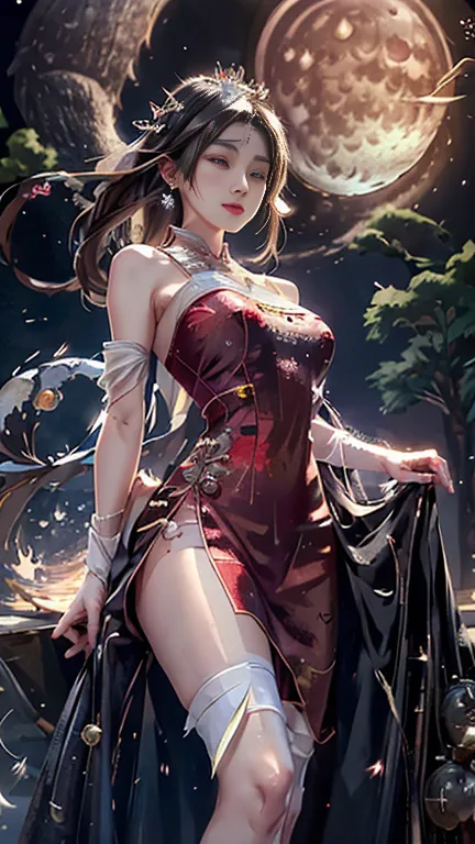 1 adult empress wearing a red lace top,  deep chest nightgown ,  Chinese style clothing ,  ancient costume with many phoenix patterns , Perfect pink and white face, Head with a crown, hip-length black hair , very pretty and sharp brown eyes, Little red lip...