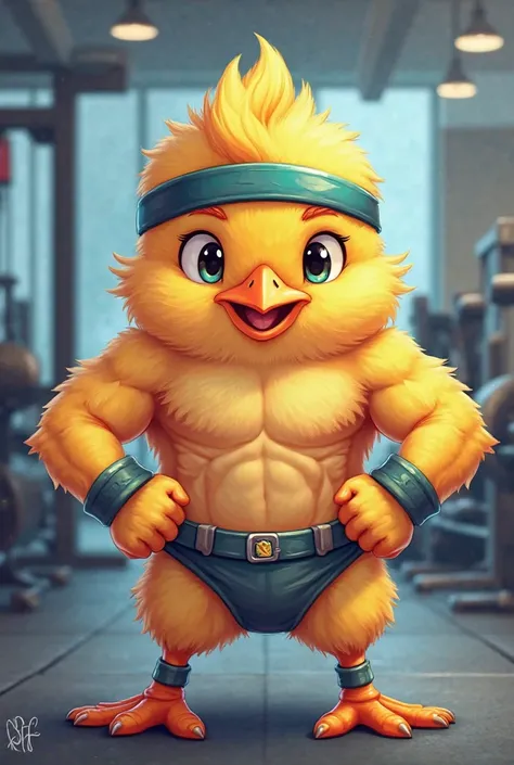 Dibuja el pollito 🐥 fuerte adorable y en el gimnasio entrenando con muchos músculos 