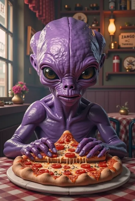 amethyst-faced alien eating pizza, sitting at a table in a pizzeria 