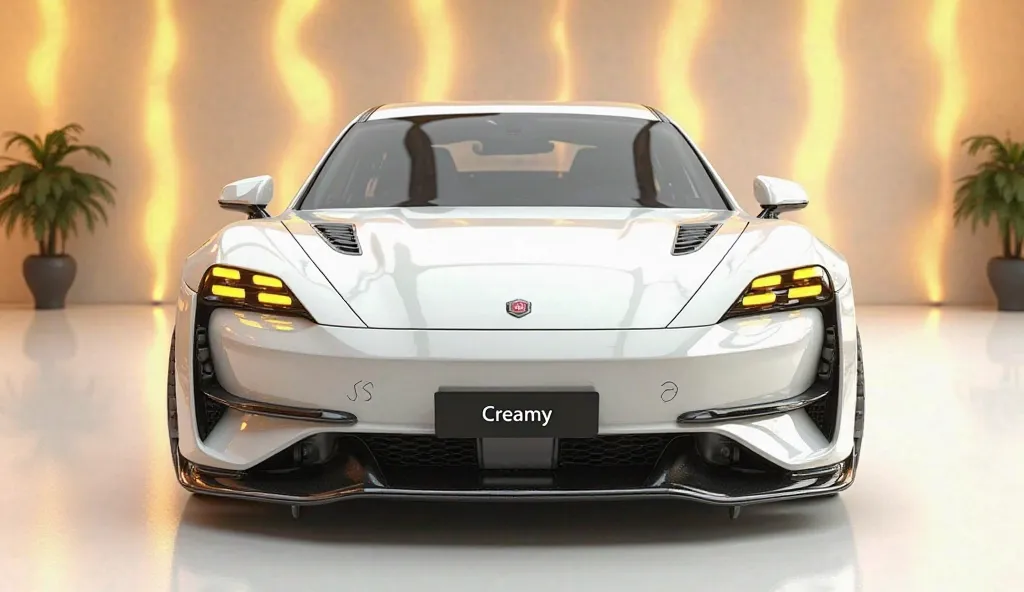 create an ultra-detailed 3D render straight front view , of a modern (2026 Gleamy creamy) with a bold design captured from straight front view. The car should feature a 'Gleamy shiny white' color with a 'brand'   ' logo on its front, a large white detailed...