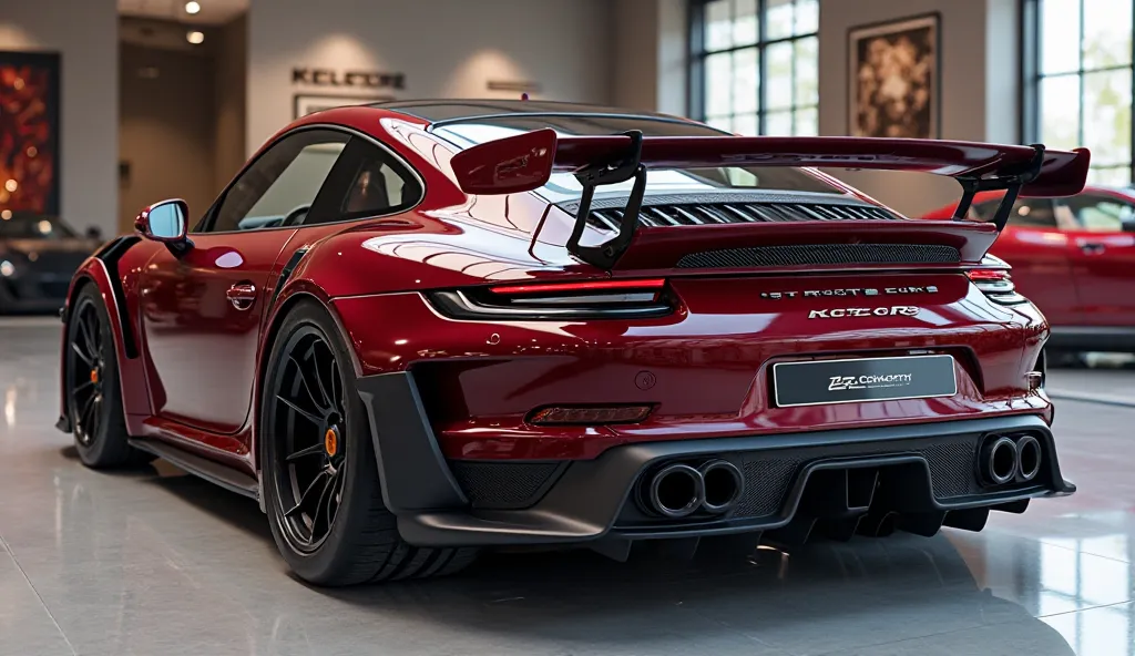 Create a 3d render (backside) review car design 2025 (Porsche 911 GT2 RS)  “( burgundy) colour with a “(Porsche 911 GT2 RS) ” logo on back. “ on its  back end look. and Headlights“in pure glossy black with ultra detailed glossy shining image captured from ...