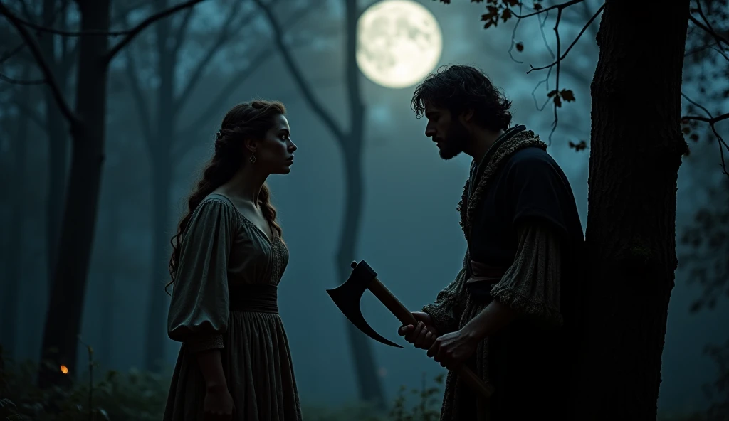 "A dramatic night-time scene in a dark forest with a full moon casting eerie light. A beautiful woman, wearing traditional but slightly elegant clothing, is standing a little distance away from a wealthy and cunning nobleman. The nobleman, dressed in luxur...