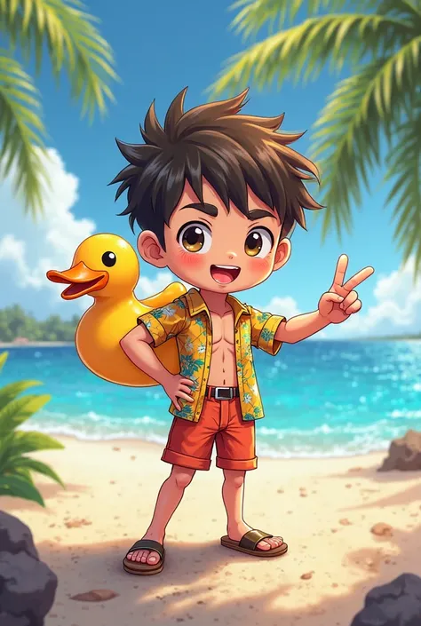 Digital 2D art stickers in chibi style, 1boy, summer, summer core, summer outfit,, youtuber, male, aragami oga, holostars, vtuber, bust up,waist up , cool smile, summer vibes, , summer outfit, beach outfit, summer outfit, peace sign hand, dynamic angle, ho...