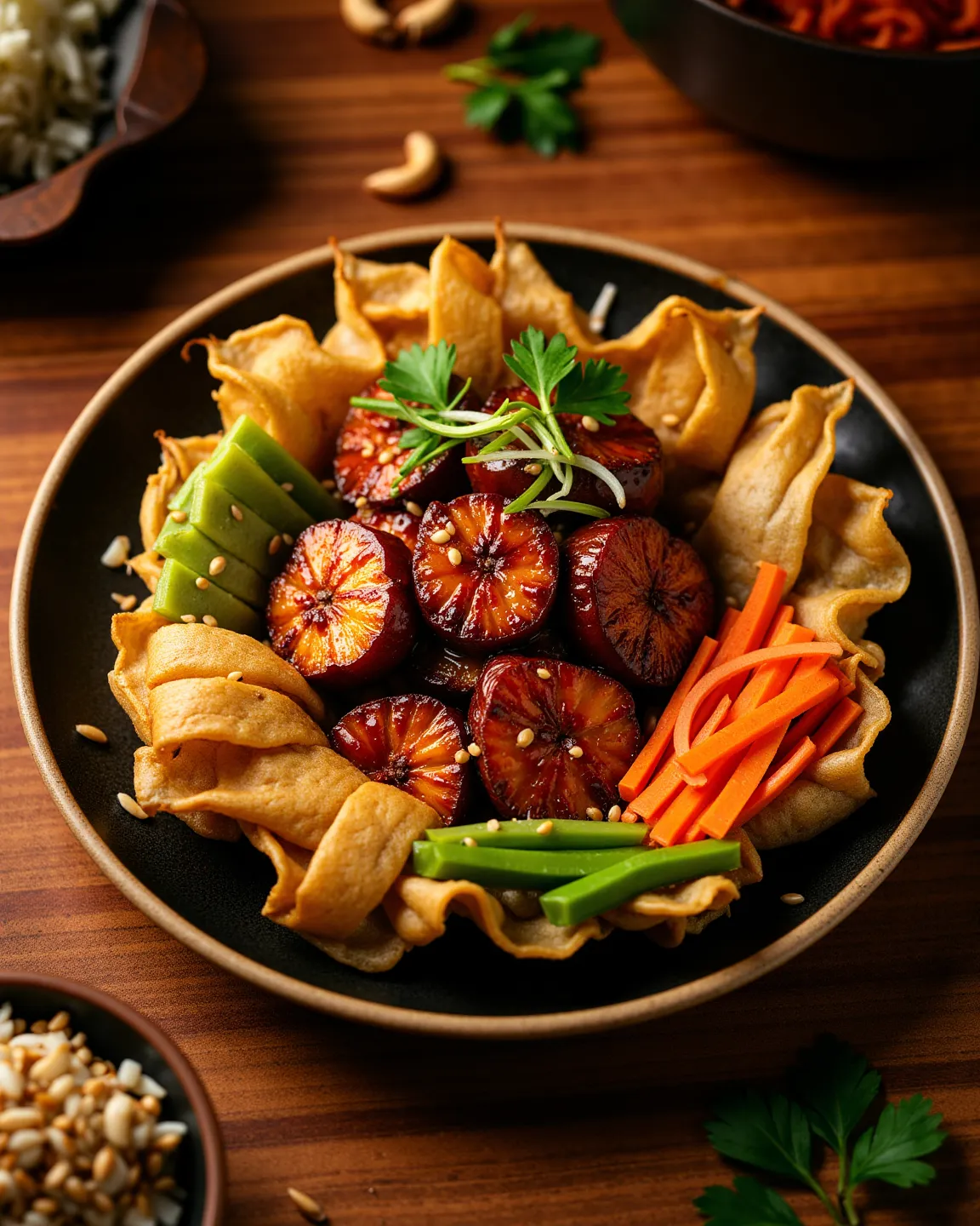 A plate of Mahogany Chicken served in a delicate, golden-fried taro nest. The chicken slices are glazed sauce made of soy, honey, and mild spices, giving them a rich acajou color and a slight crisp on the edges. Accompanied by crunchy snow peas, thinly sli...