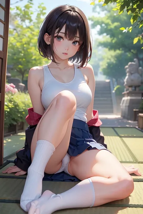 ((8k,Greatest Masterpiece,realistic images,Japanese,Perfect human anatomy,Body balance,Detailed hand and foot counts,Complete Proximity,  girl )),from before, innocent face, gentle eyes,ish, beautiful feet, short white tank top ,short navy blue skirt, blac...