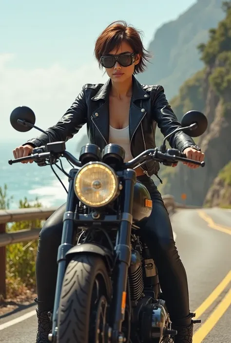 A fair cute woman who is on motor bike & her dress is leather boots without less leather jacket black jeans all outfit is black & she have goggle on her face & short brown hair cut beach turning road she is wearing black tshirt inside leather jacket 
