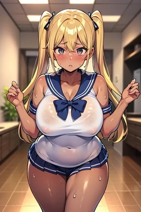 Best quality Best quality, high resolution, anime style, one Japanese woman, blonde twin tails 1.3, beautiful face, shiny dark skin 1.5, sweaty 1.4, healthy tanned skin, big breasts, chubby figure, sexy pose, sailor uniform 1.5, thighs 1.3, embarrassed exp...