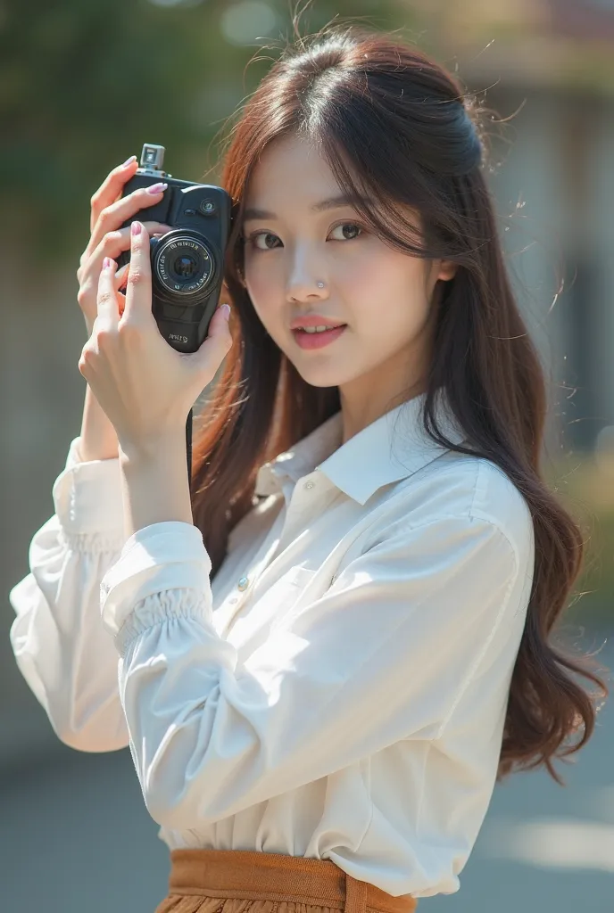 Close-up of a woman taking a photo wearing a skirt and blouse,  inspired by Kim Jong-hee, CG Societyでトレンド, Renaissance, wearing blouses, Korean Female Fashion Model, 若くてcute girl, white blouse, korean girl, cute girl, beautiful Korean woman without pants, ...