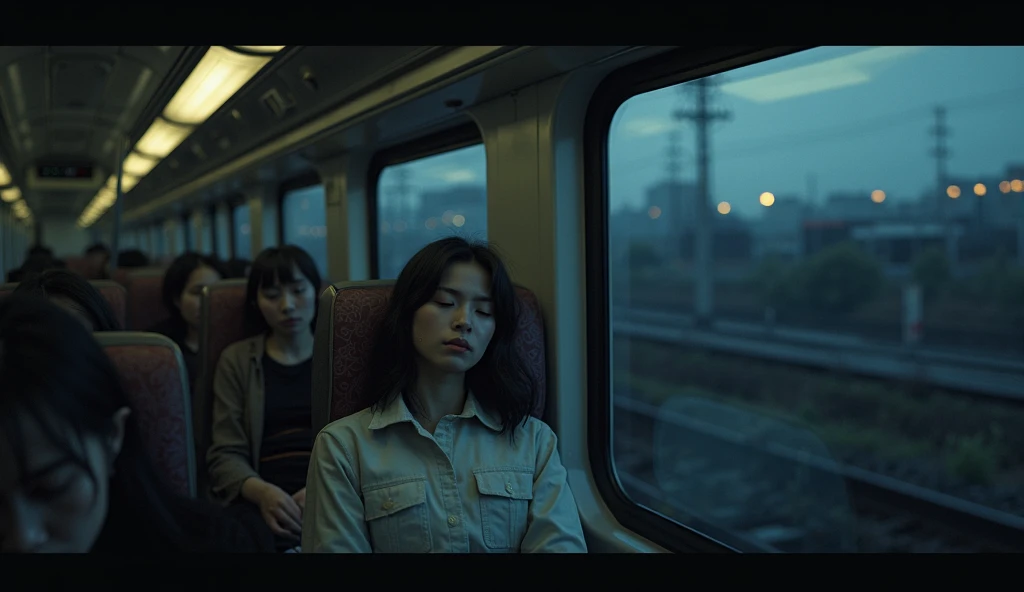 Live action, background is a train at night in Japan, sleeping passengers, eerie