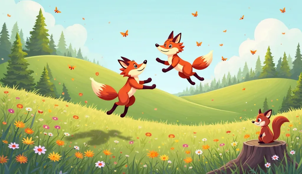  The foxes prance and leap over rolling green hills, their tails swishing as they land in a meadow filled with colorful wildflowers. Butterflies flutter past, and a little squirrel watches from a tree stump. 🌳🌼🦋cartoon images