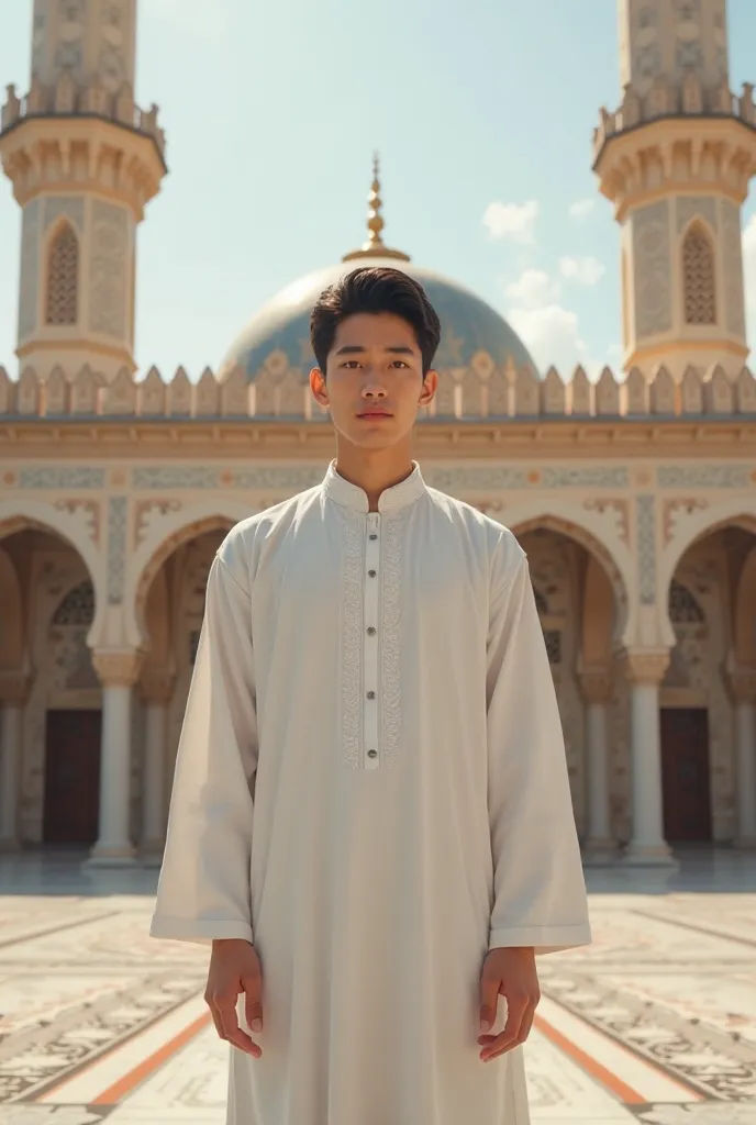 a young Korean Islamic man in white dress on the background of a mosque