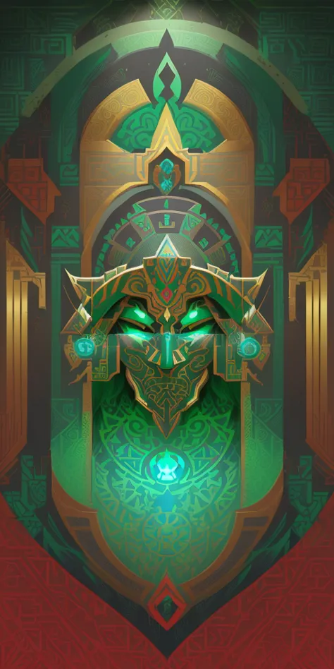 digital painting of a mask on a green background, Aztec style，symmetrical face Concept map, Zelda style art, Fantasy cosplay symmetrical portrait , Gorgeous border + Concept map, symmetry!! Concept map, ganondorf, high detailed Official image, wakfu color ...