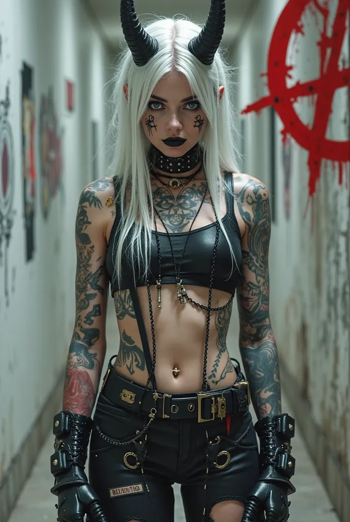 a Beautiful Real Looking Caucasian Punk Woman  Cyborg,, Pale Skin like Plastic Bricken Pieces on her Face a Cool Tatoos,  Beautiful Thick line of Eyeliner,, symbols on her Face ,  Big Black Devil Horns , "Big Black Spikes Coming out of her Skin "at the Bac...