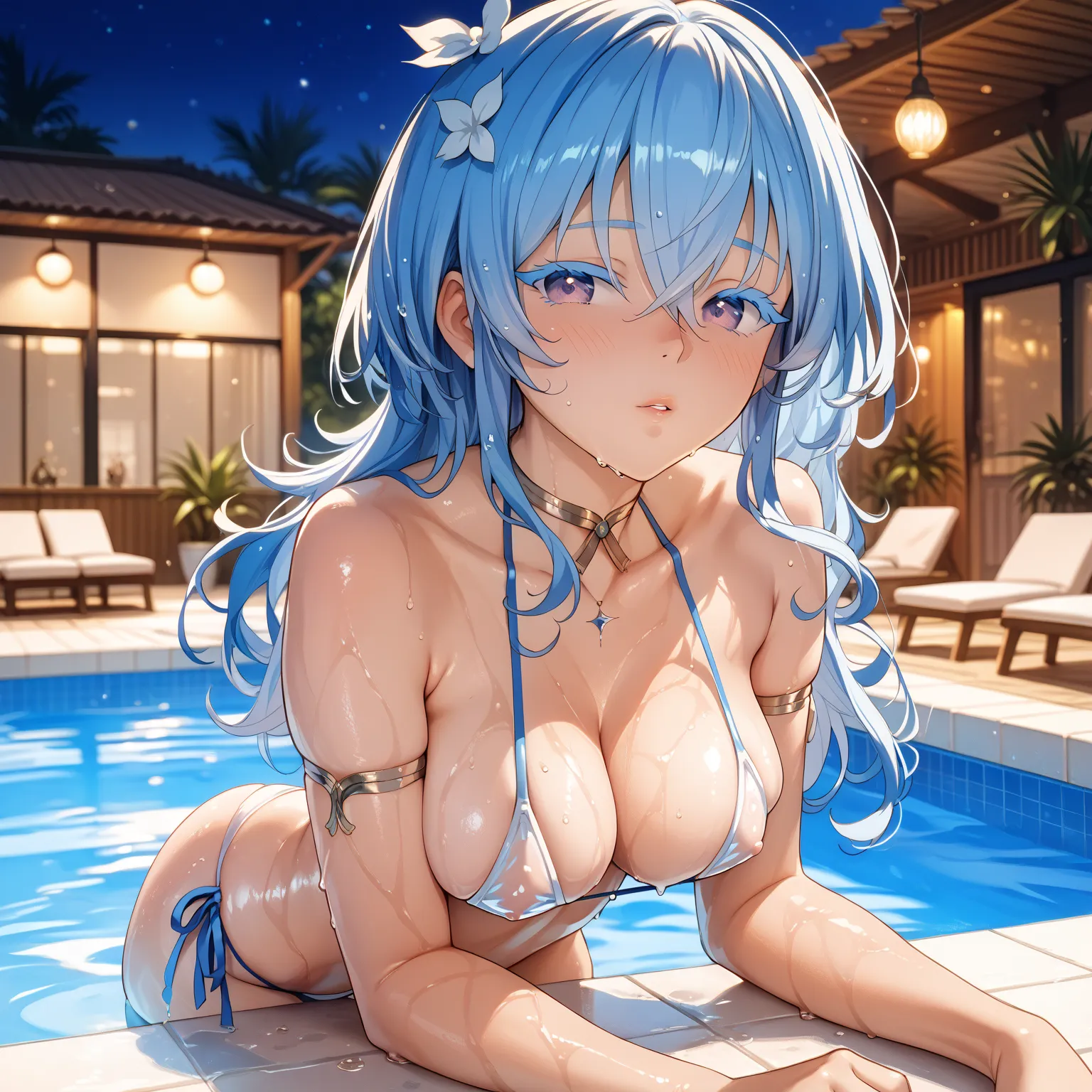 shorekeeper, blue hair, colored eyelashes, purple eyes, hair between eyes, long hair, breasts, White bikini with blue straps, Tempting body, glossy skin, glistening skin, Bikini Swimwear, Bikini bottoms, sexy pose, blush, shy, Pose seductively, Posing prov...