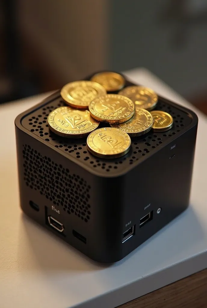 A small server，Like the size of a macmini console， black，There are gold coins on it