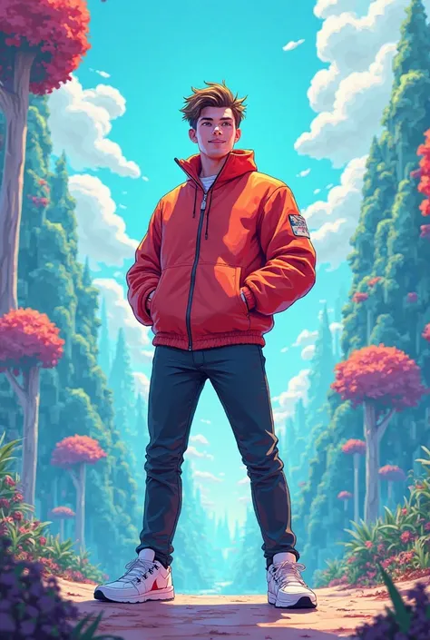 Red jacketed man in white shoes in black pants on a cool anime Minecraft background