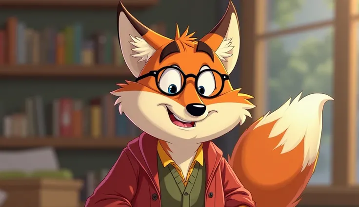 A wise but funny-looking Papa Fox (maybe wearing round glasses or a tiny hat) waves his paw while speaking, his eyebrows bouncing up and down. He has a playful smirk, showing he’s not too serious but still wants them to listen. 🎩🦊cartoon images